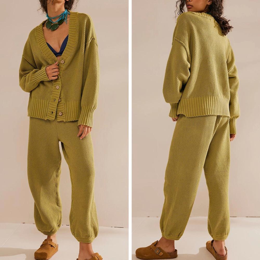 Free People Olive Knit Button-Front Cardigan and Joggers Set